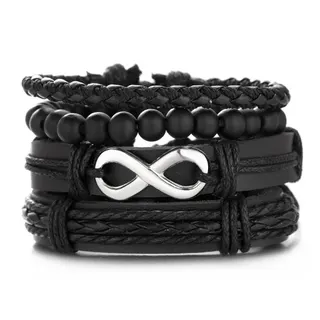 Men's Infinity Symbol Leather Bracelet Set - Multi-Strand Braided Cord with Beads & Polished Alloy 8-Zigzag Charm, Black Street Minimalist Wristband, ~10cm, Gift for Him