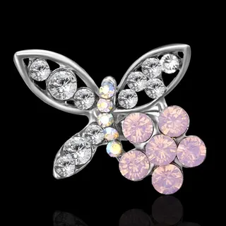 Butterfly Rhinestone Brooch for Women, White Gold Plated Alloy with Pink & AB Crystal, 2x2cm Elegant Lapel Pin for Blazer Dress Hat
