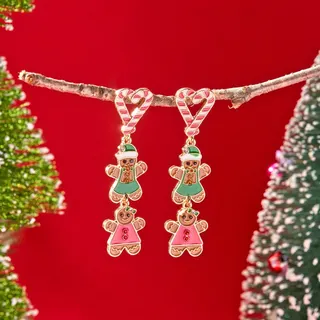 Christmas Gingerbread Man Heart Dangle Earrings, Alloy 18K Gold Plated Enamel Candy Cane Holiday Earrings for Women, Cute Festive Drop Earrings Gift