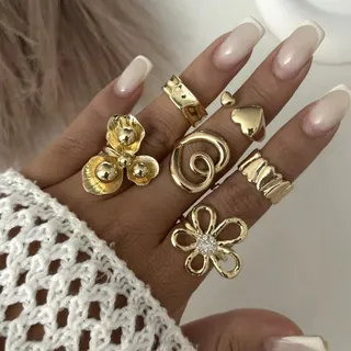 Gold Tone Ring Set 6pcs - Flower Heart Geometric Open Stackable Rings, Alloy with Rhinestone, Vintage Fashion Jewelry for Women