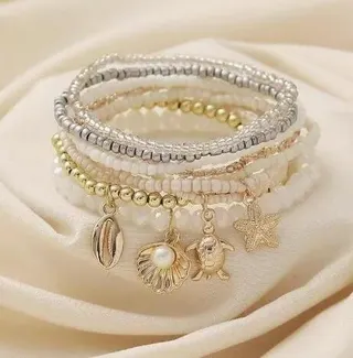 Ocean Vacation Beaded Bracelet Set for Women - 9-Piece Multi-Strand Stackable Shell Sea Turtle Starfish Charm Bracelets, Alloy & Rice Beads Elastic, White Beach Jewelry