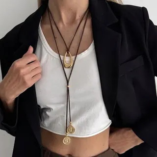 Boho Long Layered Necklace for Women, Double Strand Cord Pendant with Hollow Teardrop & Round Charm, 18K Gold Plated Alloy, Brown 45+7cm, Vintage Bohemian Collarbone Chain
