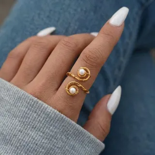 Vintage French Pearl Flower Ring - Handmade Spiral Open Band with Mother of Pearl Petal & Imitation Pearls, 18K Gold Plated Alloy, Adjustable