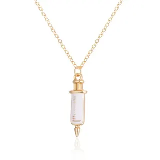 Syringe Pendant Necklace White Enamel 18K Gold Plated Alloy Nurse Doctor Fun Gift Adjustable 46+6cm Chain Medical Theme Jewelry