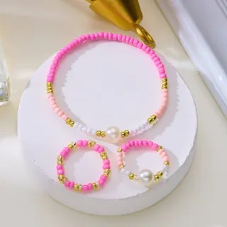 Purple Beaded Bracelet & Ring 3-Piece Set, 18K Gold Plated Alloy with Fake Pearl, Adjustable Elastic String, Ins Style Jewelry Gift Set