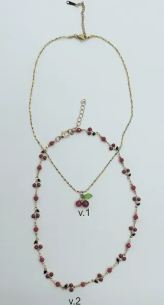 2-Piece Cherry Heart Beaded Necklace Set, 18K Gold Plated Alloy, Sweet French Vintage Pendant Choker for Women, 40+5cm Adjustable