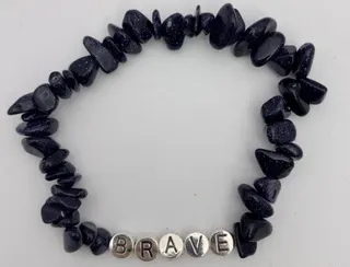 BRAVE Letter Bead Bracelet - Dark Blue Glitter Glass Tumbled Stone & Silver Alphabet Charm, Elastic Stretch Bracelet for Women, Inspirational Gift Jewelry