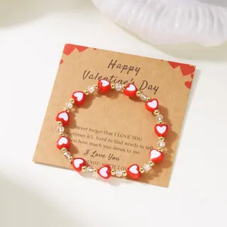 Valentine's Day Heart Bracelet, Purple Resin & Crystal Beaded Bracelet 18cm, Sweet Girl Gift with Valentine Card
