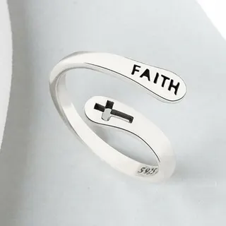 FAITH Cross Open Ring - Adjustable Double Layer Silver Plated Ring with Hollow Cross & Engraved Faith, Minimalist Religious Jewelry Gift for Women