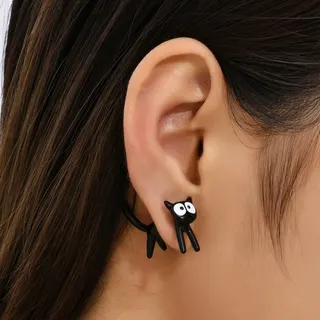 Cute Black Cat Earrings for Women, Cartoon Kitten Stud Earrings, Alloy Glossy Finish, Minimalist Playful Jewelry, 2.7x3.1cm, Sold by Pair