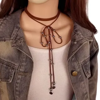 Bohemian Cord Wrap Multi-Layer Necklace, Brown Fabric Rope with Alloy Beads & Disc Charm, 220cm/86.6in Long Ethnic Vintage Layered Choker, Lightweight 13g