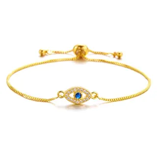 Evil Eye Bracelet for Women, 18K Gold Plated Copper with Blue Center Stone & Paved Cubic Zirconia, Adjustable Slide Chain 12-20cm, Boho Lucky Charm Fine Jewelry