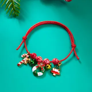Christmas Braided Bracelet for Women - Red Cord with Alloy Enamel Charms (Tree, Mittens, Socks, Bells), Adjustable 16-26cm Holiday Gift Jewelry