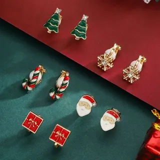 Christmas Earrings Set 5 Pairs - Tree Snowflake Candy Cane Gift Santa Enamel Clip-On Earrings, 18K Gold Plated Alloy with Rhinestone, No Piercing Needed Holiday Party Jewelry Gift