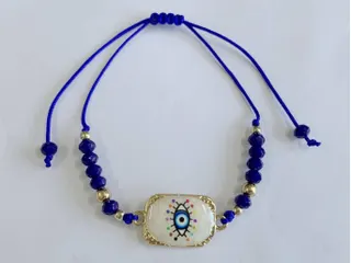 Bohemian Evil Eye Bracelet, Blue Beaded Braided Cord with Gold Evil Eye Charm, Adjustable Protective Handmade Wristband for Women