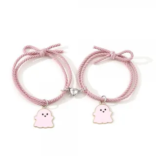 Magnetic Ghost Couple Bracelet - Alloy Enamel Cartoon Charm, Adjustable Woven Cord 18-26cm, Pastel Blue & Pink Sweet Pair Jewelry