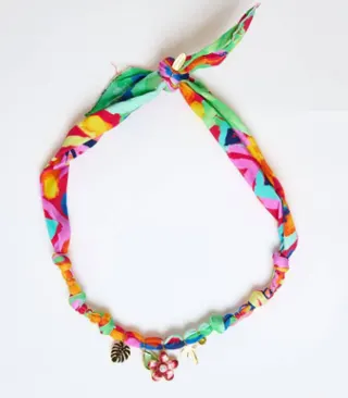 Boho Floral Collar Necklace - Polyester Fabric & Alloy Beaded Choker, Adjustable 40+5cm, Colorful Print Tassel Pendant for Women