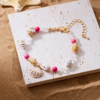 Blue Shell Beaded Bracelet with Rhinestone Enamel Shell Charm, Natural Conch & Crystal Beads, 18K Gold Plated Adjustable Extender Chain, Ocean Vacation Boho Jewelry for Women