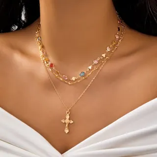 3-Layer Cross Necklace for Women, Gold Plated Alloy Multi-Strand Choker with Color Zircon Stones, Elegant Religious Pendant Chain 40+7cm, Gift for Her