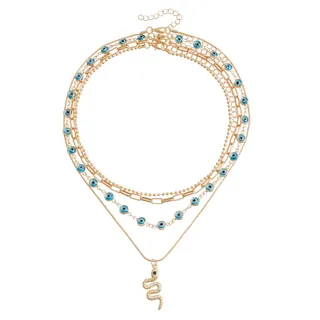 Evil Eye Multi-Layer Necklace 18K Gold Plated Stainless Steel, Snake Zircon Pendant, Lucky Charm Long Chain 36.5+10cm