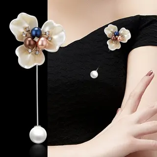 Camellia Flower Brooch for Women, Pearl & Rhinestone Shell Pin, One-Word Long Pin Brooch, White Gold Plated, 9x4cm, Elegant Blazer Lapel & Dress Accessory