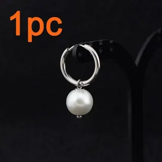 Stainless Steel Hoop Earring with Pearl Drop - Unisex Single Earring, Silver Tone, 1.6cm Hoop, Hypoallergenic, Packed OPP