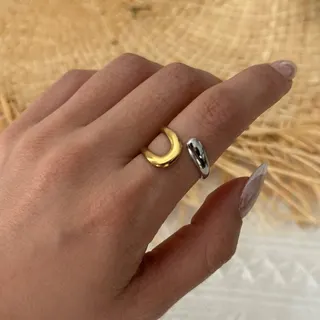 Stainless Steel Two-Tone Geometric Ring Set of 3 - Gold & Silver Zircon Wide Band Stackable Rings for Women, Hypoallergenic 18K Gold Plated