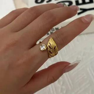 Gold Leaf Ring for Women - Stainless Steel 18K Gold Plated, Zirconia Drop Open Adjustable Ring, French Vintage Nature Stackable Jewelry
