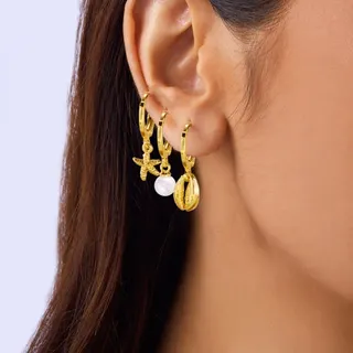 Ocean Starfish Shell Pearl Hoop Earrings Set of 3, Gold Plated Alloy Copper with Pearl Drop, Adjustable Sea Breeze Vacation Earrings for Women
