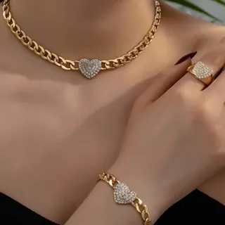 Gold Heart Zircon Jewelry Set - Cuban Chain Necklace Bracelet Ring 3-Piece Set, 18K Gold Plated Alloy with Micro-Pavé Cubic Zirconia, Gift for Her