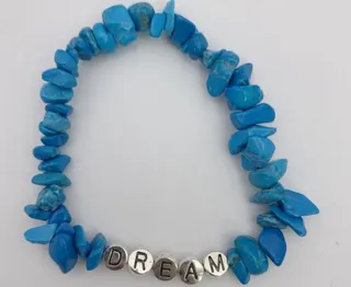Dream Letter Beaded Bracelet - Blue Glass Stone Strand with Silver DREAM Charm, Boho Inspirational Jewelry for Women & Girls