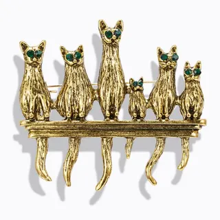 Vintage 6 Cats Brooch, Rose Antique Gold Alloy Animal Pin with Green Cat-Eye Stone, Cute Retro Jewelry Gift for Women