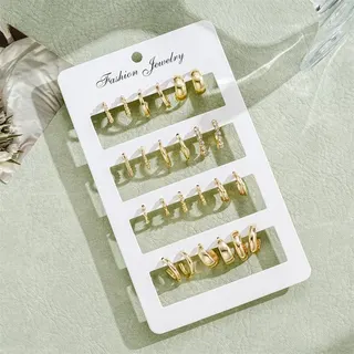 12 Pairs Gold C-Shape Hoop Earrings Set, Rhinestone Inlay Alloy Ear Hoops, Minimalist Luxury Everyday Earrings for Women