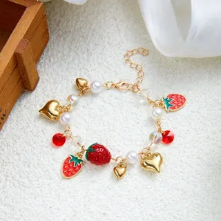 Valentine Strawberry Heart Charm Bracelet - 18K Gold Plated Alloy with Enamel Strawberry, Pearl & Crystal Beads, Adjustable 18+5cm Sweet Girl Jewelry Gift