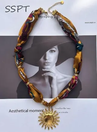 French Vintage Silk Scarf Necklace with Cross Pendant, Stainless Steel 18K Gold Plated, Bohemian Print Wrap Choker for Women