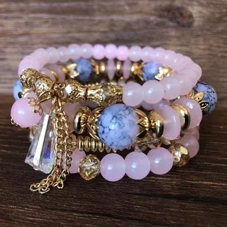 Bohemian Beaded Bracelet Set of 4 - Turquoise Multi-Layer Stretch Bracelets with Gold-Tone Filigree Spacers & Faceted Crystal Beads, 18cm Elastic, Vacation Beach Jewelry for Women