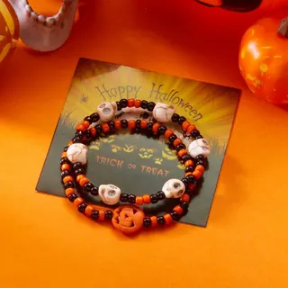Halloween Skull Bead Bracelet Set, Resin Colorful Skull Charm Beaded Bracelet, Black Orange Trick or Treat Party Jewelry with Card