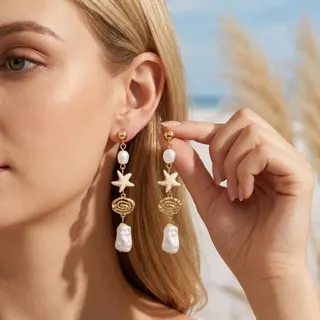 Boho Beach Starfish Pearl Drop Earrings - Gold Alloy Baroque Pearl Dangle Earrings with Spiral & Starfish Charm, Vintage Ocean Style Long Earrings for Women