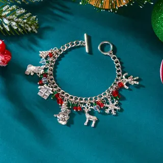 Christmas Bracelet for Women - Snowflake Bell Gingerbread Pearl Crystal Multi-Charm Bracelet, 18K Gold Plated Alloy Chain, Holiday Gift Jewelry, Approx 20cm