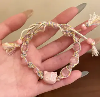 Pink Kitten Beaded Braided Bracelet, Adjustable Handwoven String with Tassel & Resin Charm, Cute Girl Jewelry Gift 16-32cm