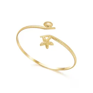 Gold Starfish & Shell Open Cuff Bangle, Adjustable Hammered Texture Bracelet, 18K Gold Plated Iron, Ocean Vacation French Vintage Jewelry for Women