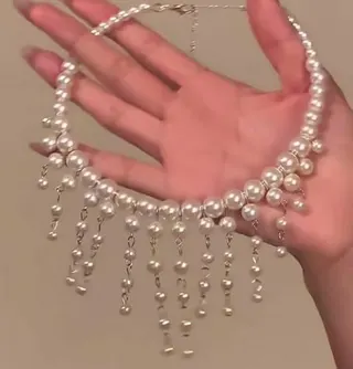 French Vintage Pearl Necklace, Round Beaded Fringe Tassel Choker, Imitation Pearl Adjustable 32+9cm, Elegant Bridal & Party Collarbone Chain
