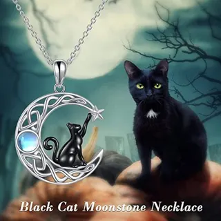 Black Cat Moonstone Necklace - Crescent Moon & Star Pendant with Enamel Cat, Gothic Mystical Choker Chain, White Gold Plated Copper, Adjustable 45+5cm, Halloween Gift for Women