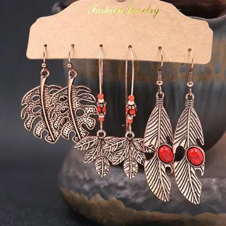 Vintage Feather Earrings Set of 3 - Antique Gold Tone Geometric Hollow Dangle Earrings with Red Stone, Bohemian Ethnic Style Jewelry