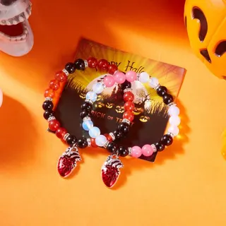 Halloween Ghost Cat Pumpkin Beaded Bracelet Set of 2 - Glass Beads & Resin Charm, Elastic 18cm, Cute Trick or Treat Party Jewelry for Couples