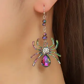 Halloween Spider Earrings - Iridescent AB Plated Alloy Dangle Earrings with Rhinestone & Teardrop Crystal Drop, Gothic Fun Statement Earrings for Party & Cosplay