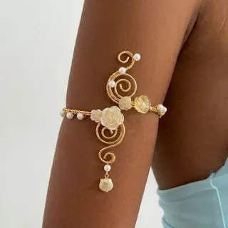 Vintage French Shell Flower Crystal Pearl Cuff Bracelet, Gold Electroplated Woven Vine Open Bangle with Acrylic Flowers & Imitation Pearls, Lightweight Boho Beach Jewelry, 9.5cm