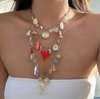 Boho Ocean-Themed Layered Beaded Necklace, 18K Gold Plated Alloy with Shell, Lobster, Fish, Anchor & Sun Charms, Colorful Summer Beach Statement Jewelry