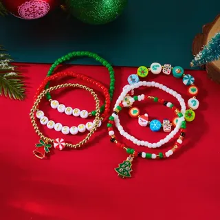 Christmas Beaded Bracelet Set of 6 - MERRY CHRISTMAS Letter Beads, Snowflake & Tree Charms, Alloy & Clay Enamel, Red Green White Gold Stacking Bracelets 18cm Holiday Gift