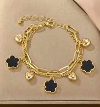 Luxury Clover & Heart Charm Bracelet for Women, 18K Gold Plated Alloy, Multi-Chain Layered Lucky Flower Dangle, Gift for Her